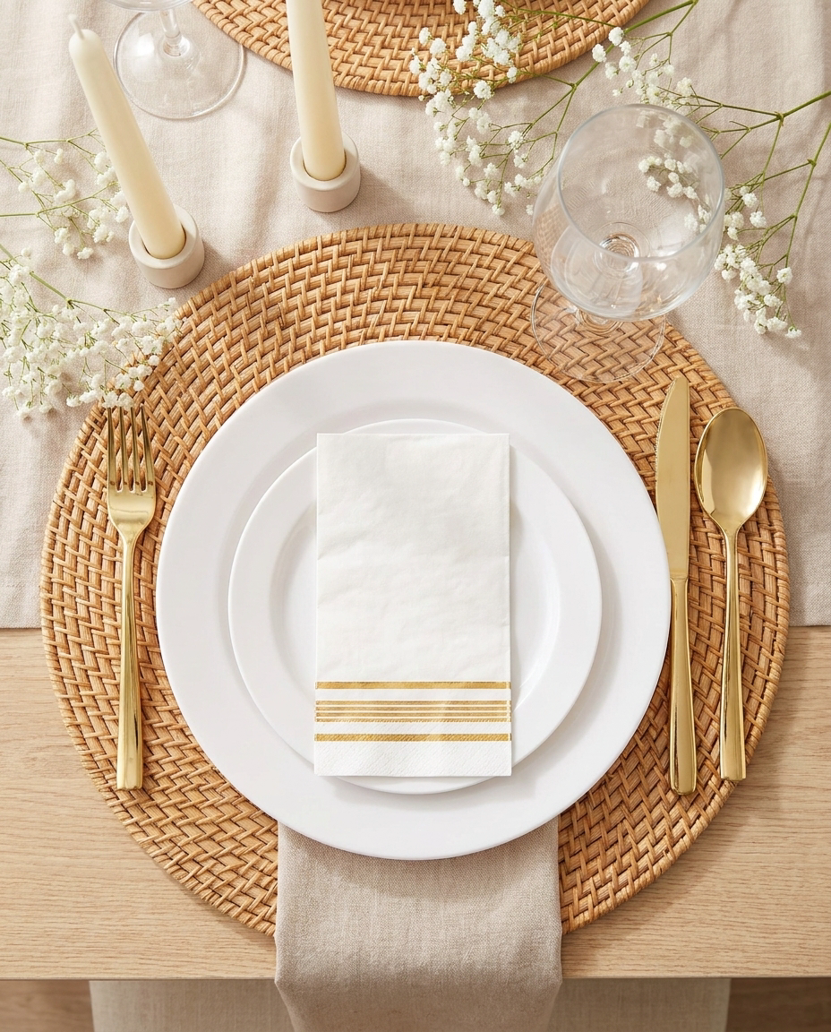 Overhead flat-lay of white dinnerware place setting with gold accents and baby's breath
