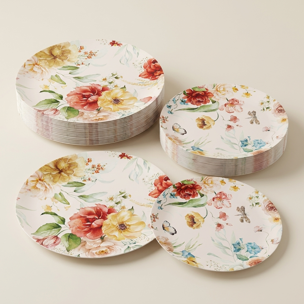 Full set of large and small floral paper plates on neutral background
