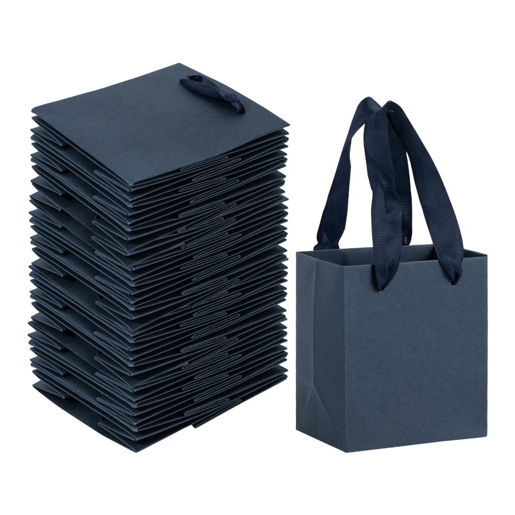Navy blue small kraft paper gift bags with ribbon handles, 50 pack