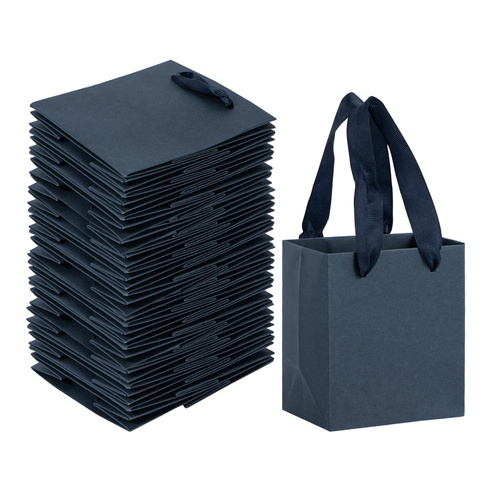 Navy blue small kraft paper gift bags with ribbon handles, 50 pack