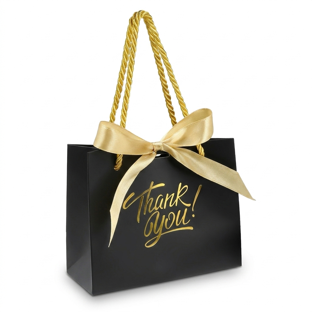 Black thank you gift bag with gold rope handles and gold satin bow