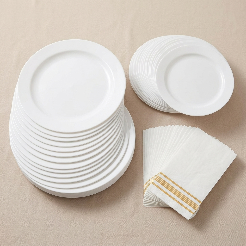 Full 60-piece white dinnerware set with plates and gold-striped napkins
