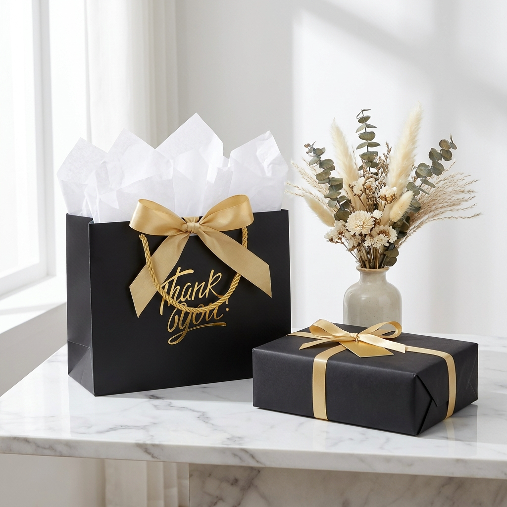 Black gift bag with gold bow styled on a marble table with gift and florals