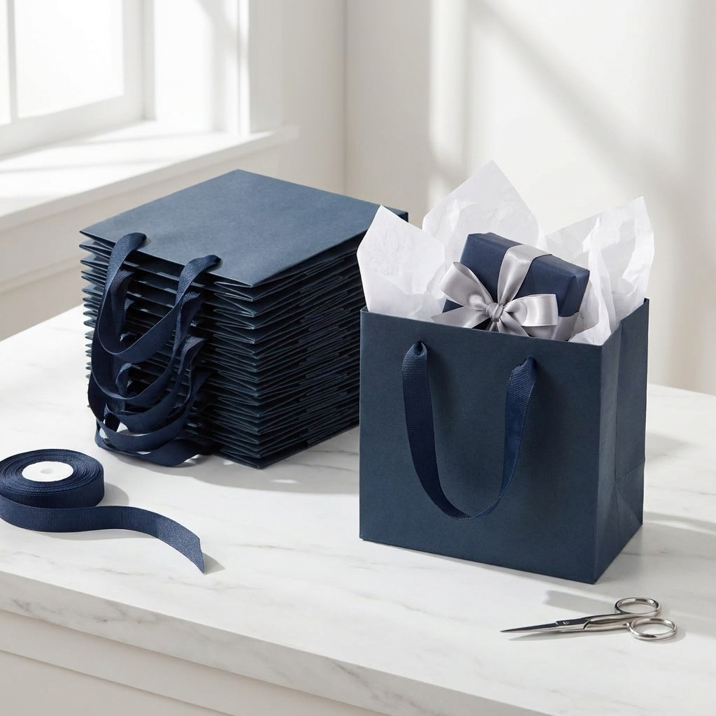 Navy blue gift bags styled at a boutique gift wrapping station