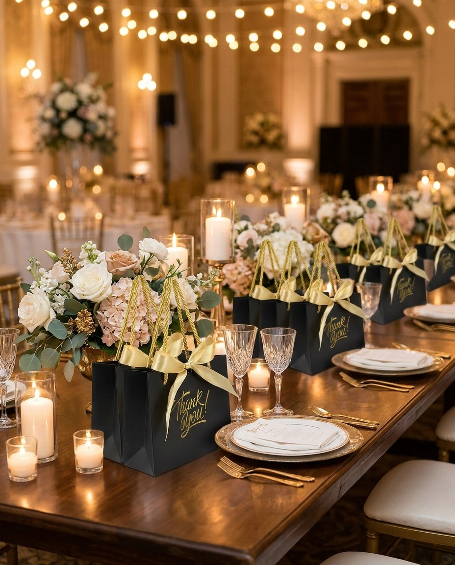 Black thank you gift bags arranged as wedding party favors on a reception table