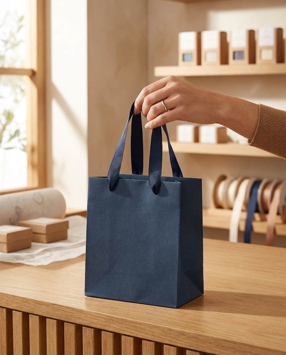 Hand holding a navy blue gift bag at a retail counter
