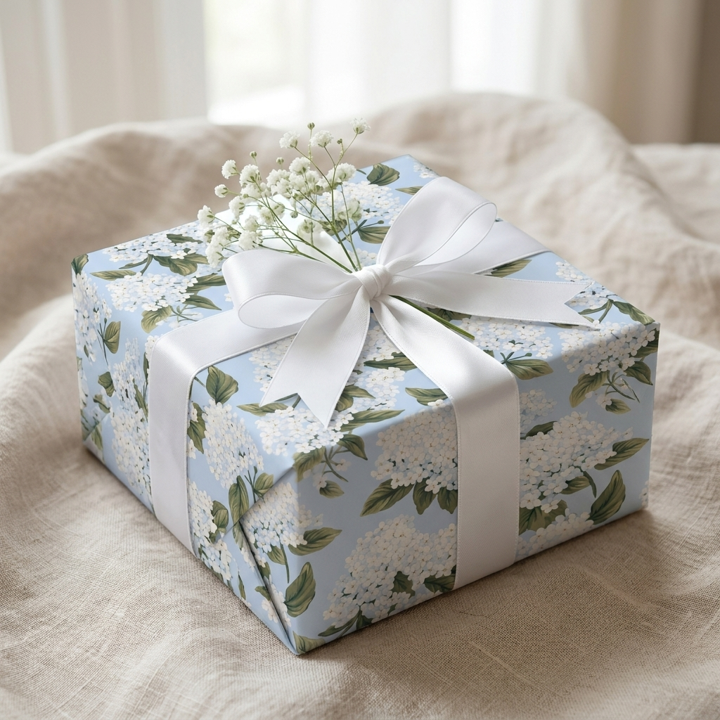Gift box wrapped in blue hydrangea floral paper with white ribbon