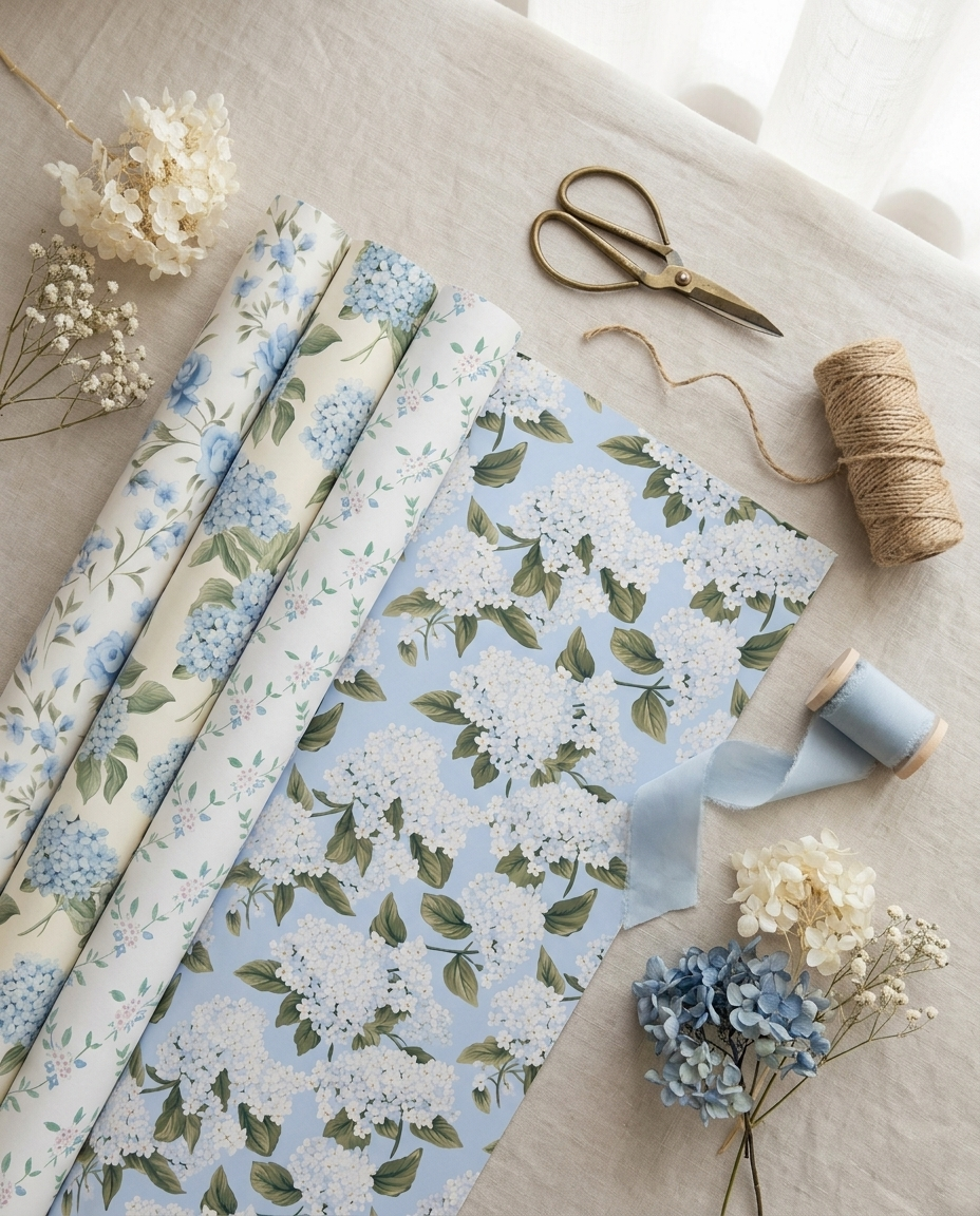 Flat-lay of hydrangea wrapping paper with ribbon and gift-wrapping supplies