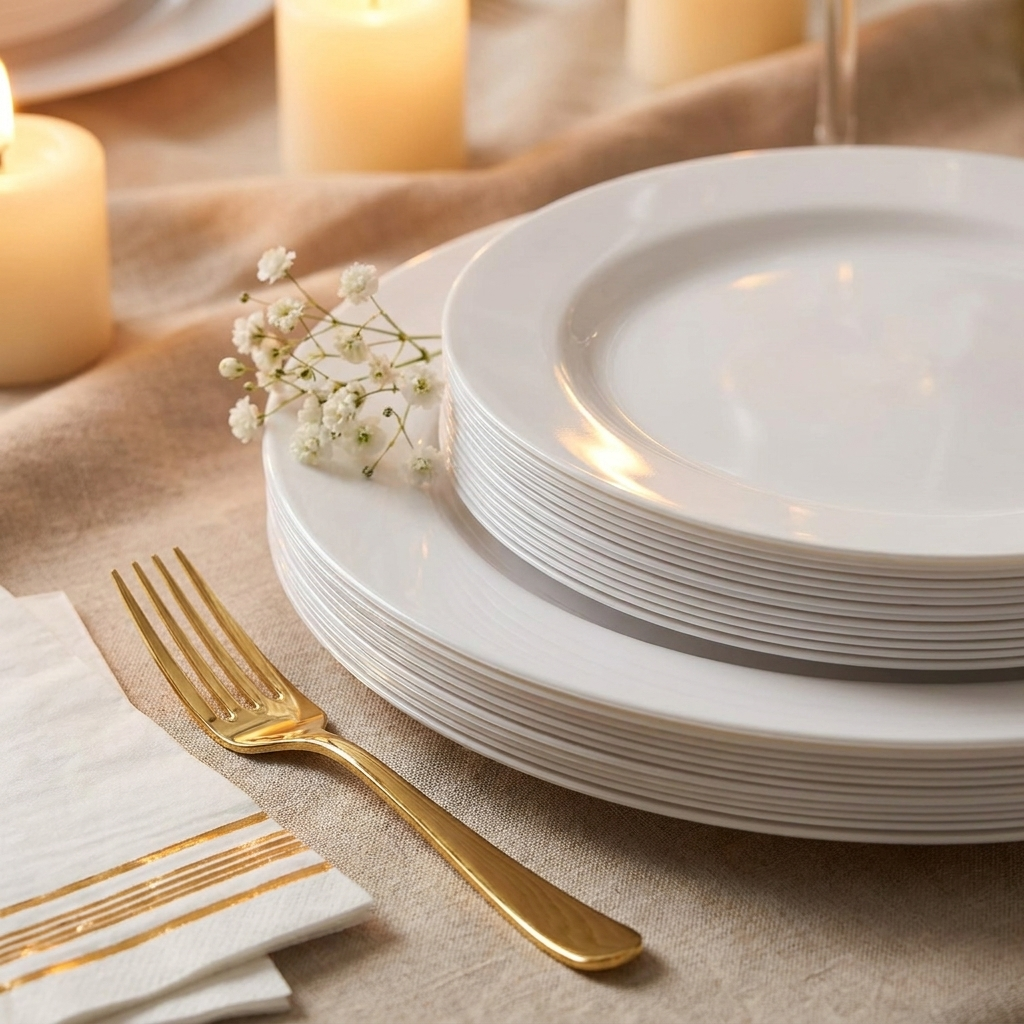 Close-up of stacked white plates with clean glossy rims and gold fork