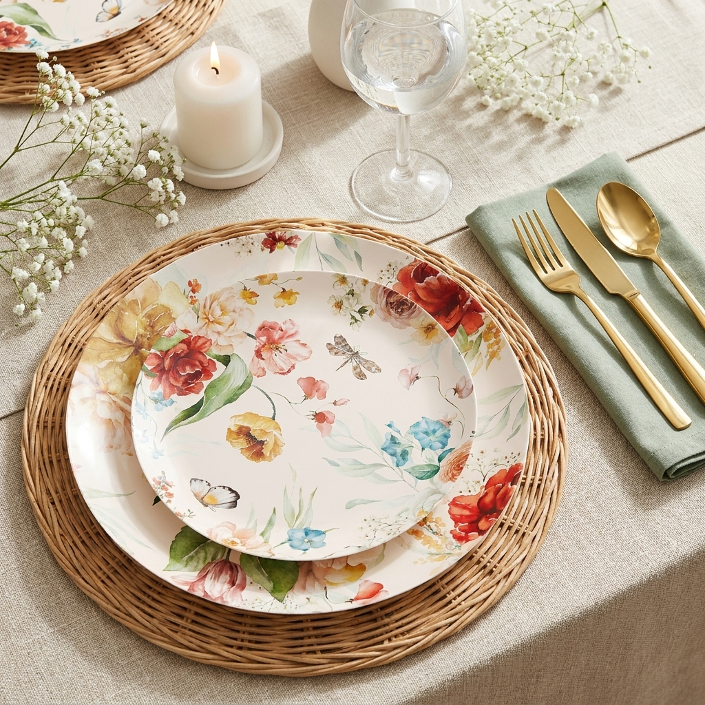 Floral paper plate place setting with gold cutlery, linen napkin and baby's breath