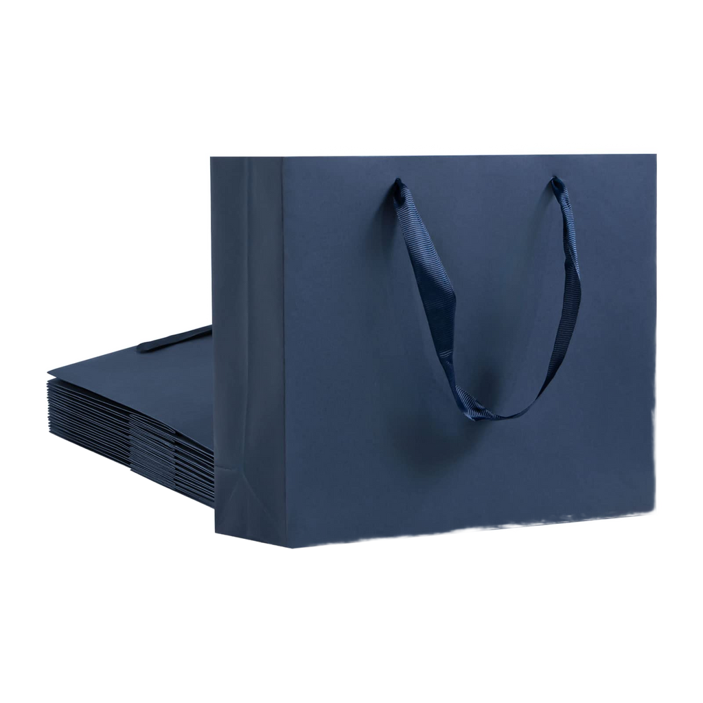 Navy blue large kraft paper gift bag with ribbon handles, 12 pack