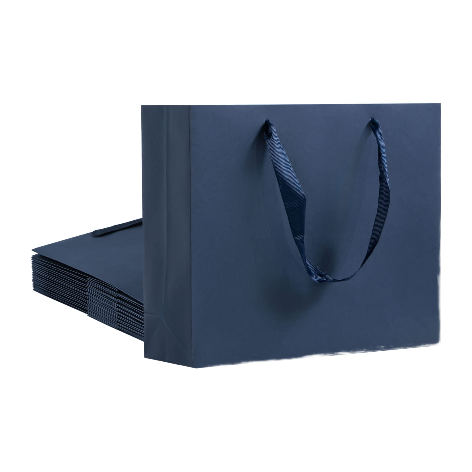 Navy blue large kraft paper gift bag with ribbon handles, 12 pack