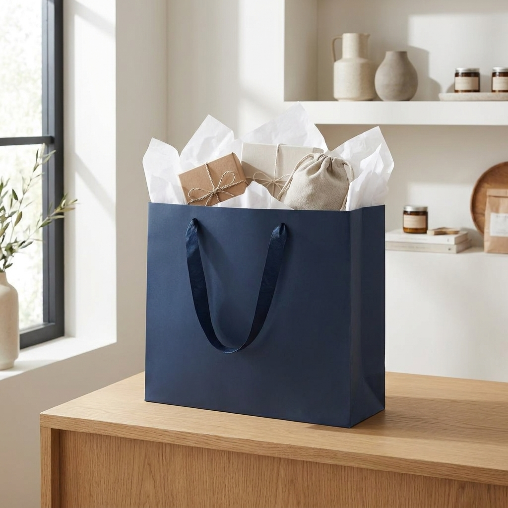 Navy blue shopping bag on a boutique checkout counter