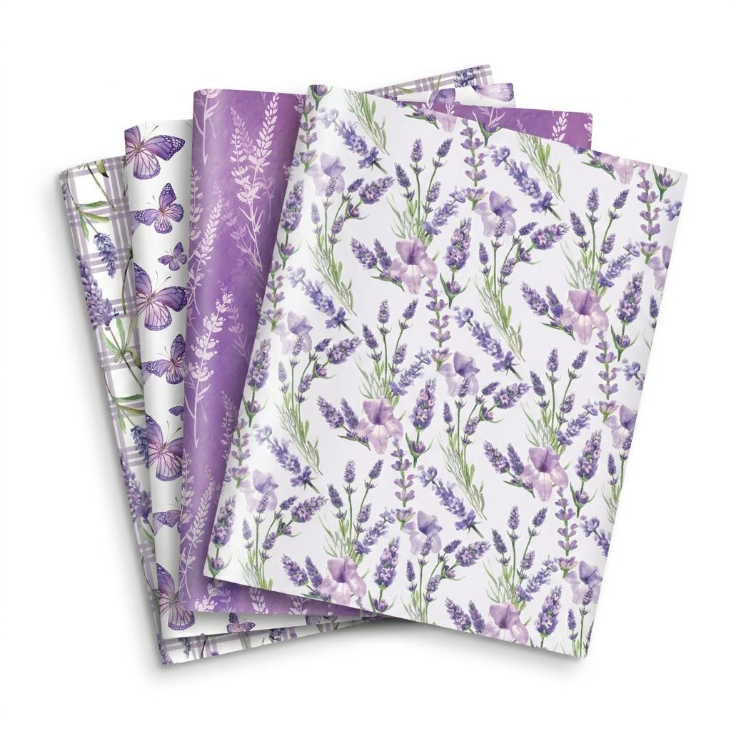 Lavender butterfly purple floral wrapping paper, 12 flat sheets fanned out