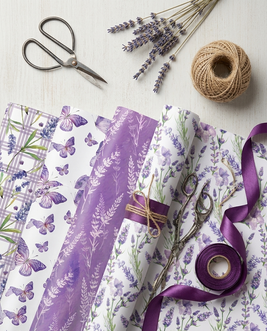 Flat-lay of lavender wrapping paper with ribbon and gift-wrapping supplies