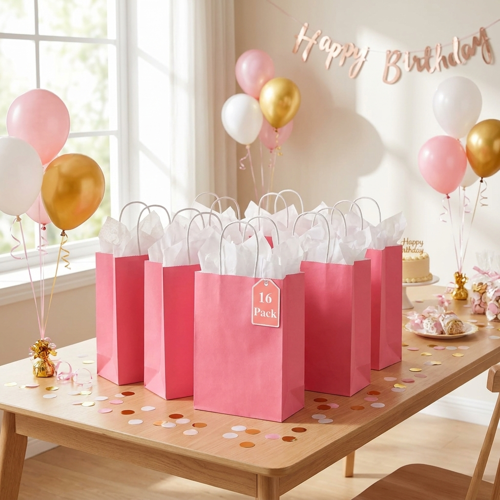 Pink gift bags on a birthday party table with balloons and confetti