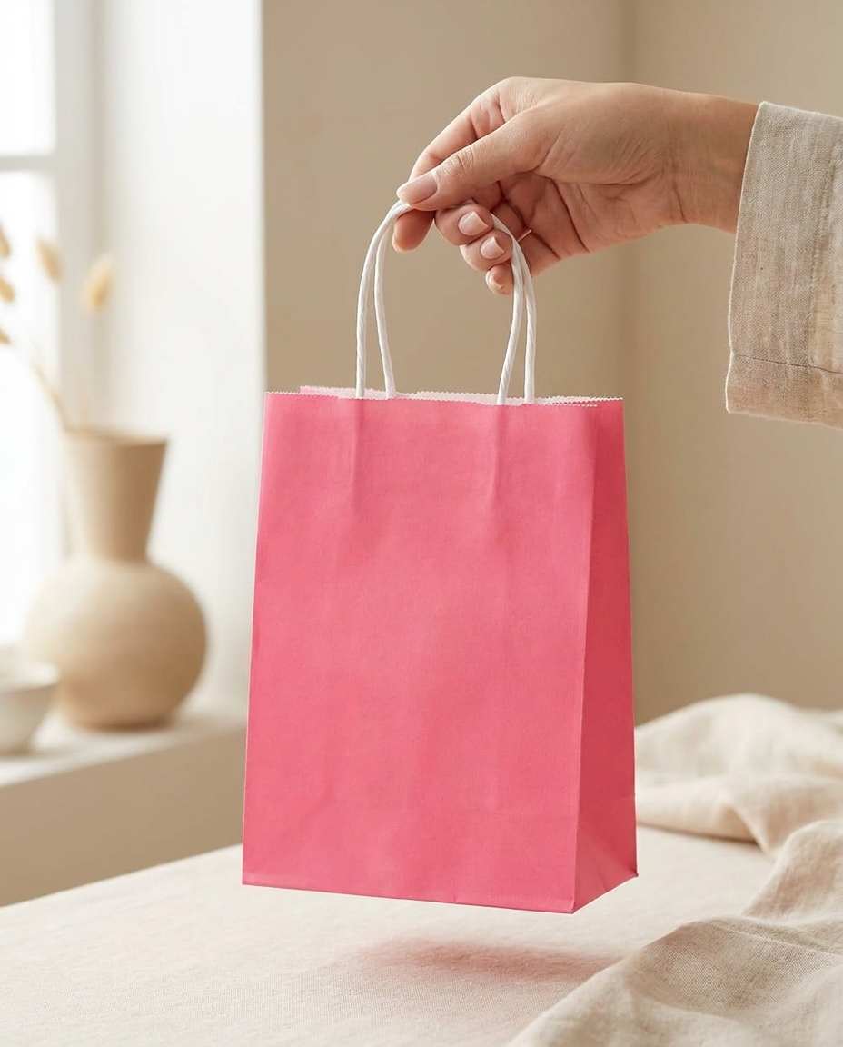 Hand holding a pink kraft paper gift bag by its handles