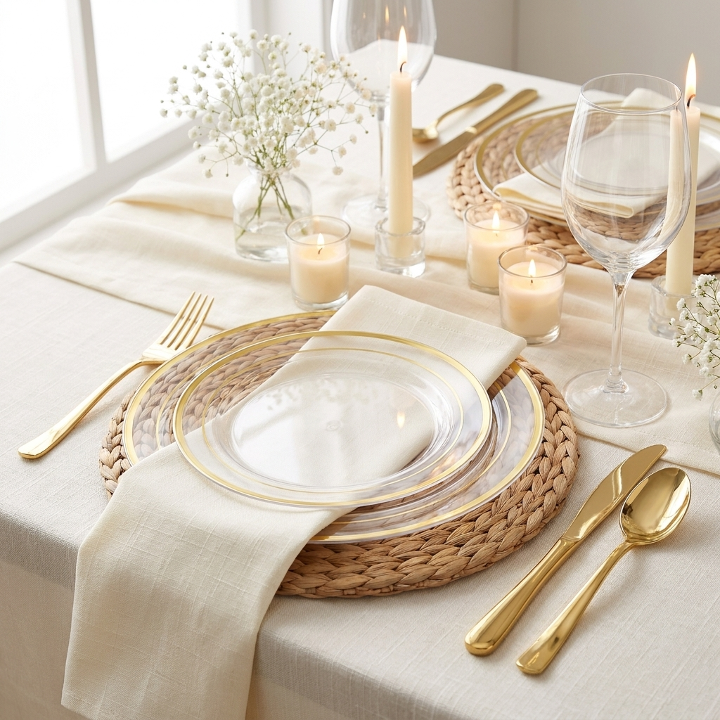 Clear gold-rim plate wedding place setting with gold cutlery and woven placemat