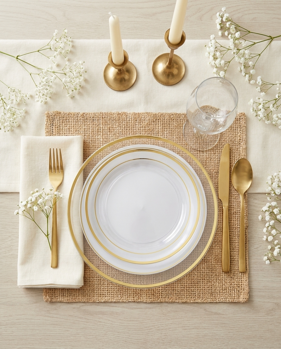 Overhead flat-lay of clear gold-rim plate place setting with baby's breath