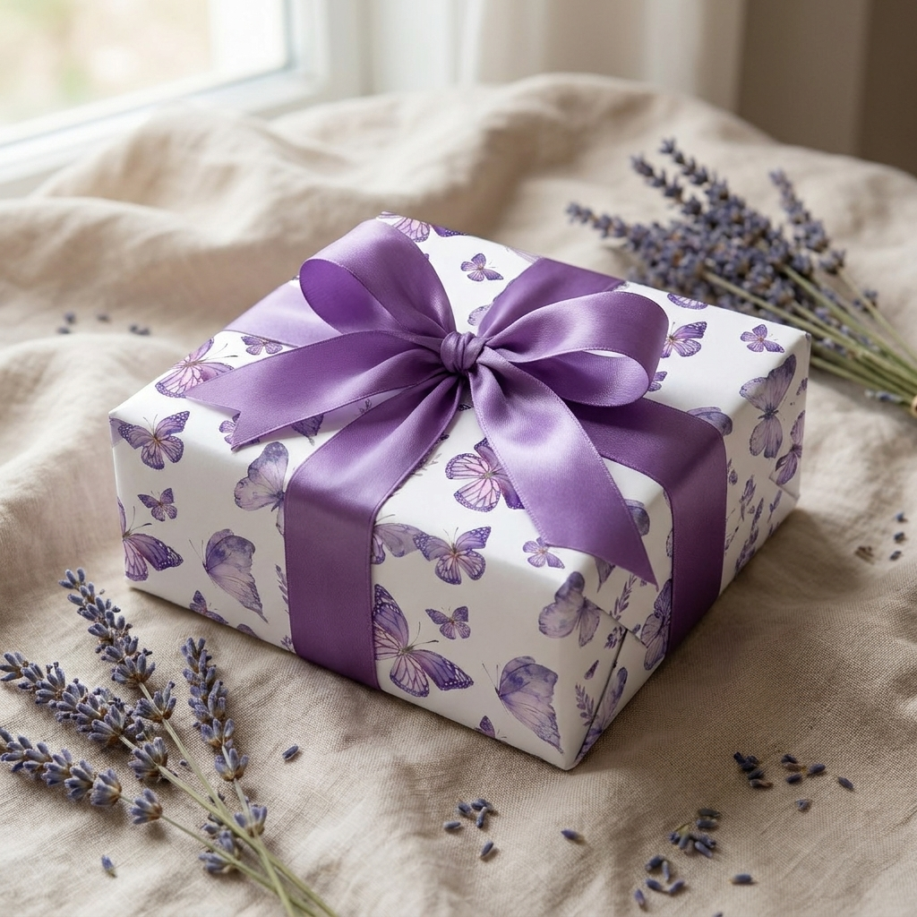 Gift wrapped in lavender butterfly paper with purple ribbon