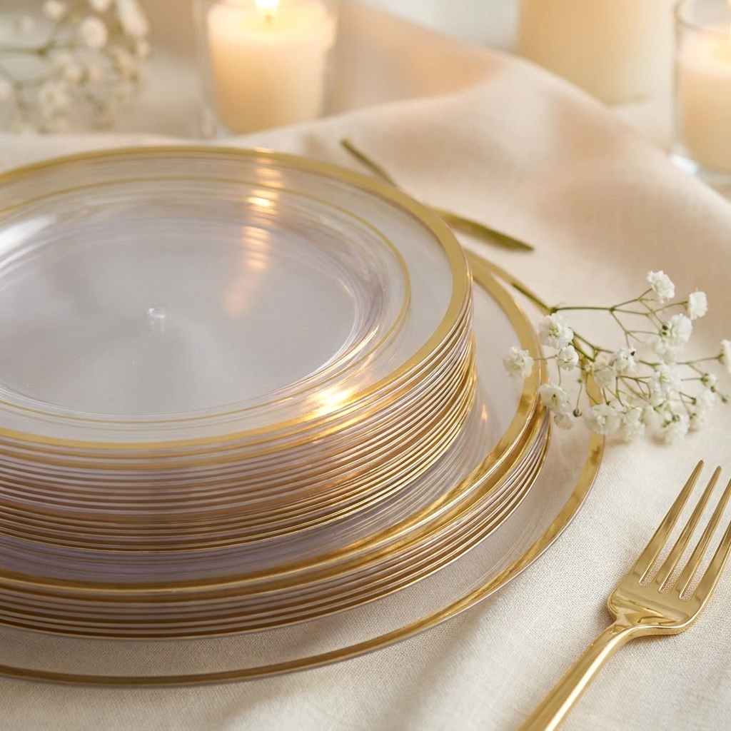 Close-up of stacked clear plates with elegant double gold rims