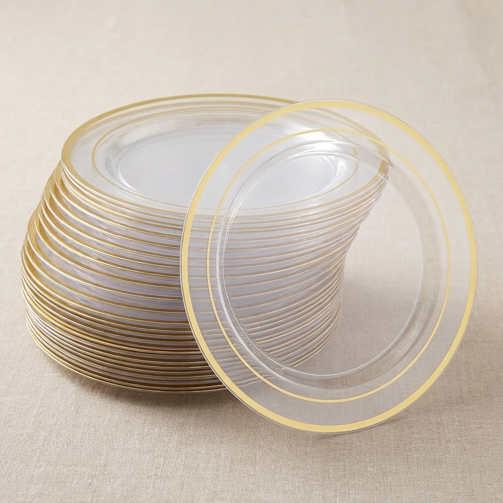 Full 100-pack stack of clear gold-rim dinner plates