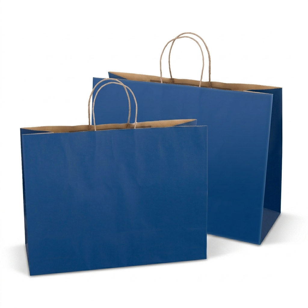 Royal blue large kraft paper shopping bags with twisted handles, 70 pack