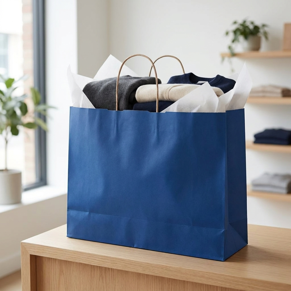 Royal blue shopping bag on a boutique counter with folded clothing