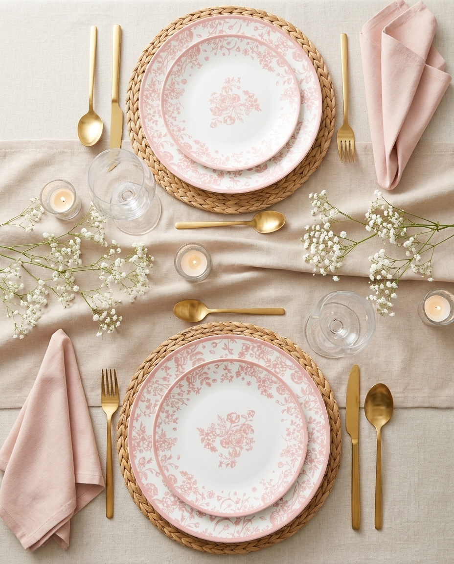 Overhead flat-lay of pink toile plates table setting for two