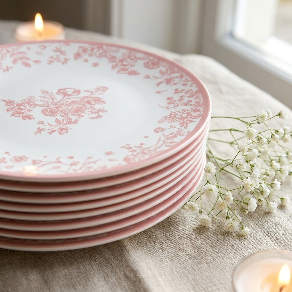 Close-up of pink toile floral plate detail and pink rim