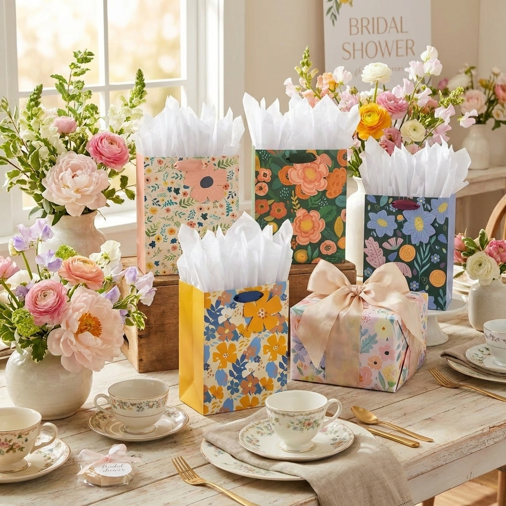 Floral gift bags styled on a bridal shower table with fresh flowers
