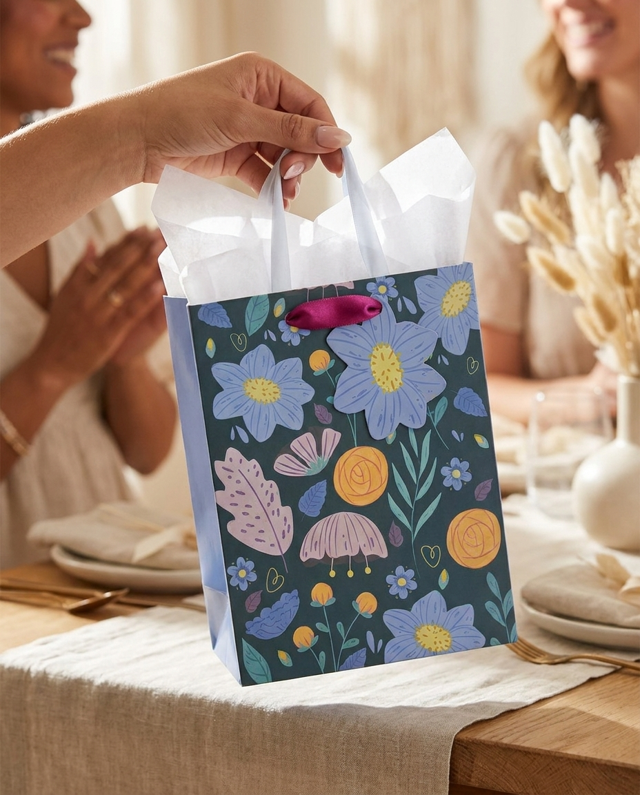 Hand holding a floral gift bag with tissue paper at a celebration