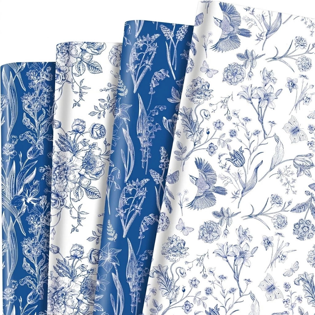 Blue and white botanical toile floral wrapping paper, flat sheets fanned out