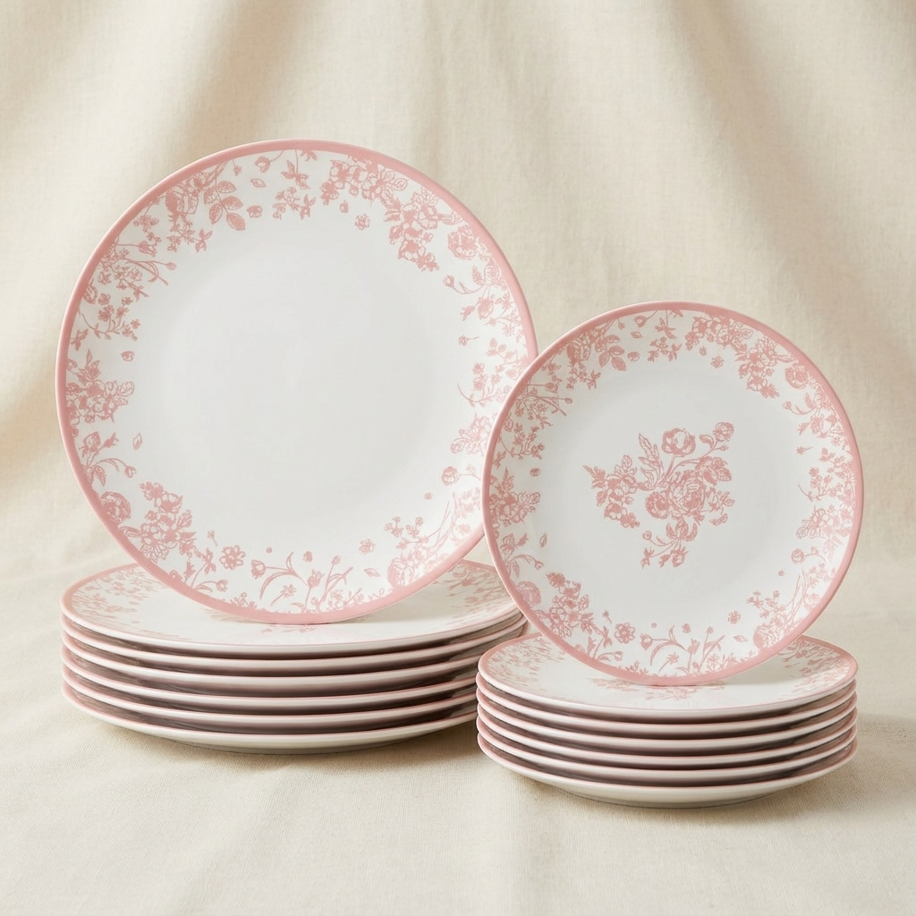 Full set of large and small pink toile plates on neutral background