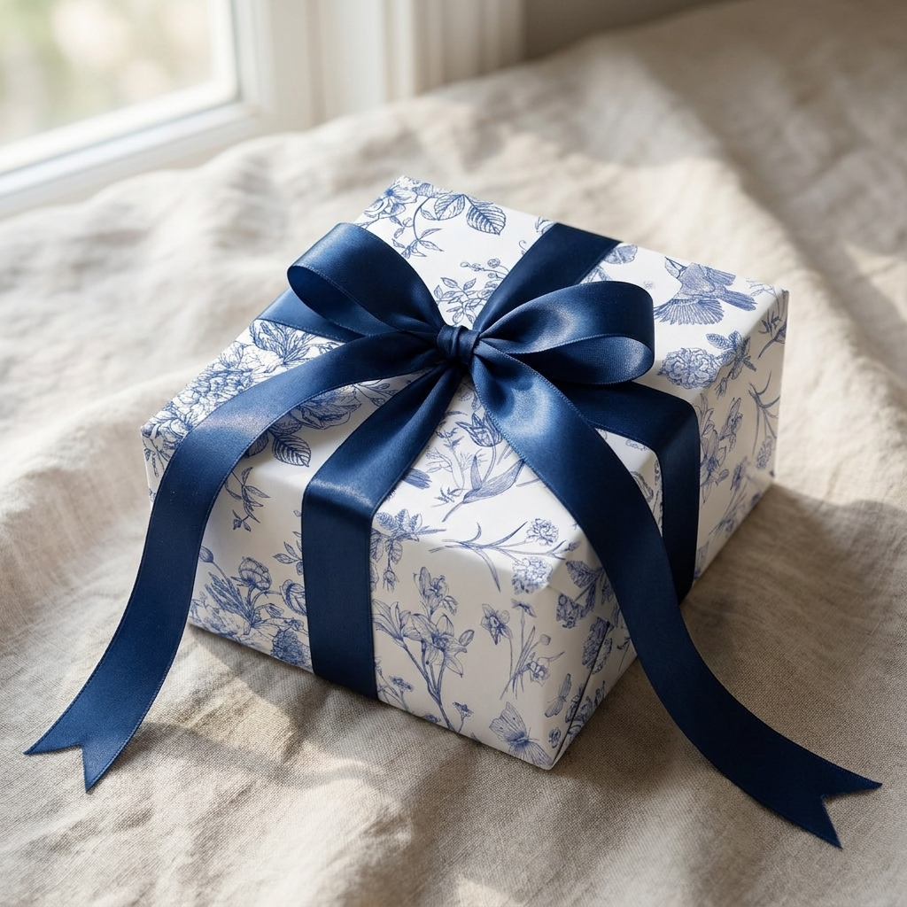 Gift wrapped in blue botanical toile paper with navy ribbon