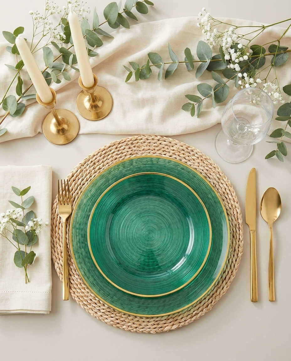 Overhead flat-lay of emerald green gold-rim place setting with eucalyptus