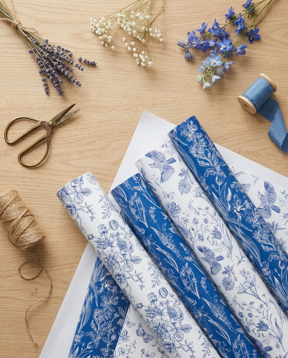 Flat-lay of blue floral wrapping paper with ribbon and gift-wrapping supplies