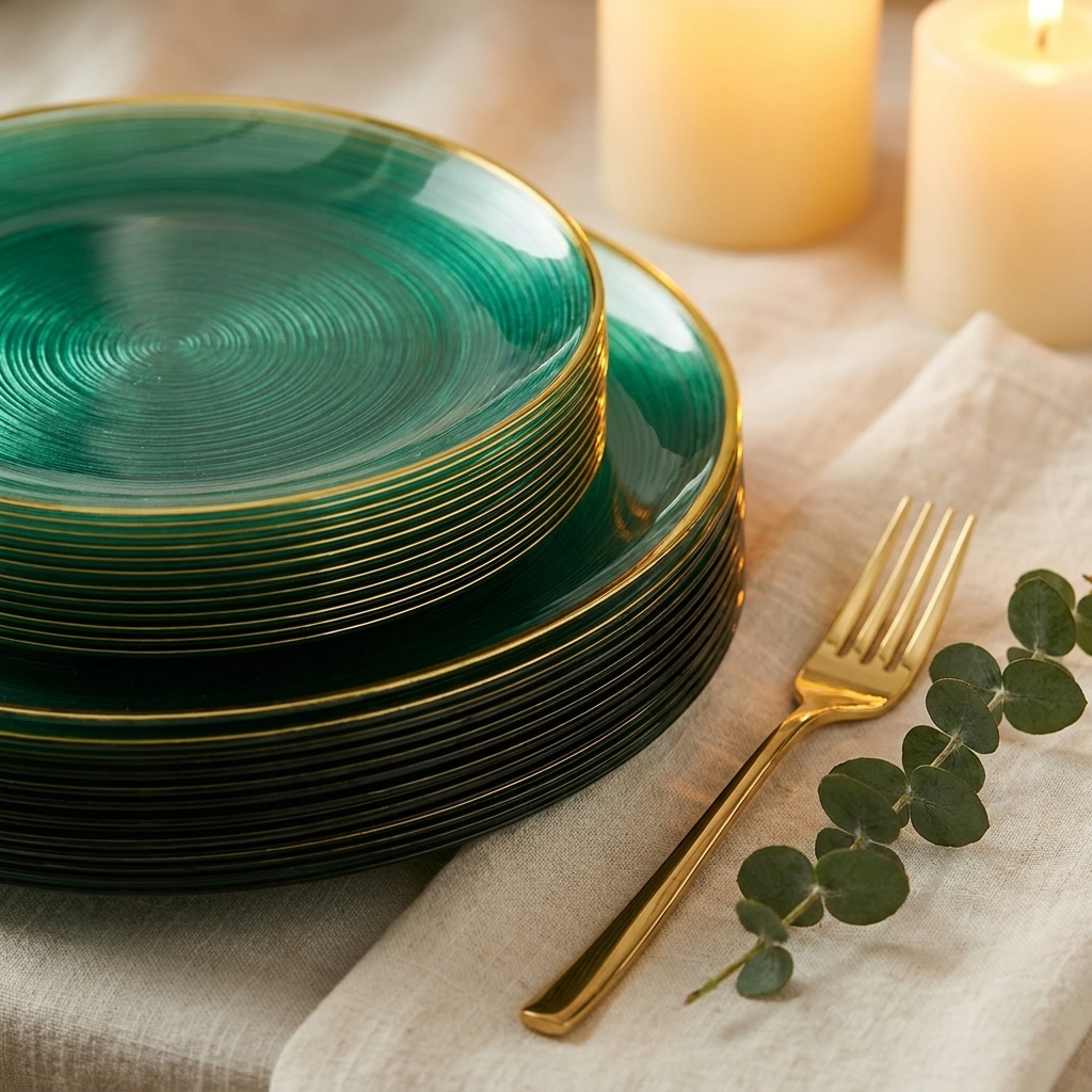 Close-up of emerald green plates with crystal swirl and gold rim