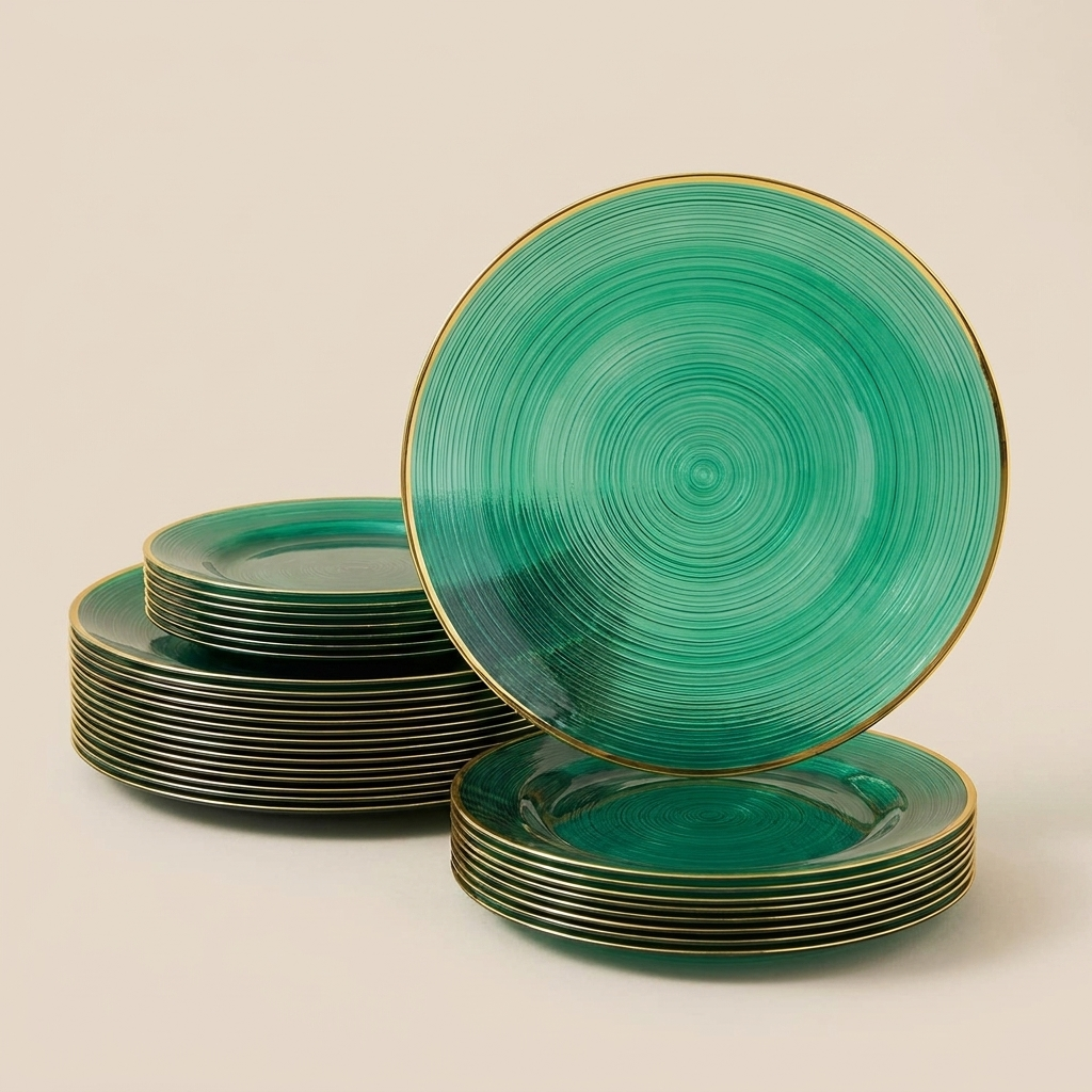 Full 100-piece emerald green gold-rim dinnerware set