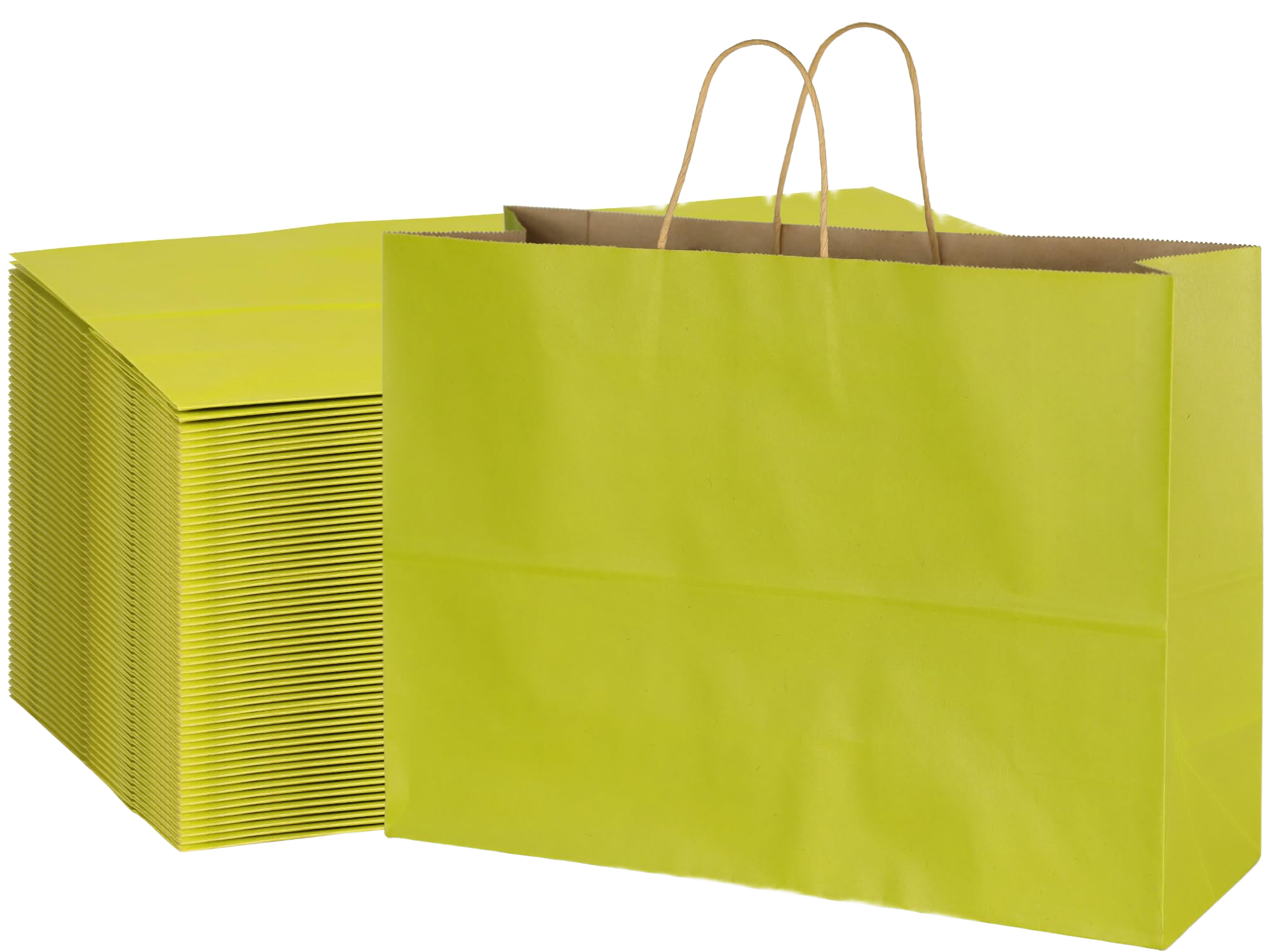 Avocado green large kraft paper shopping bags with twisted handles, 70 pack