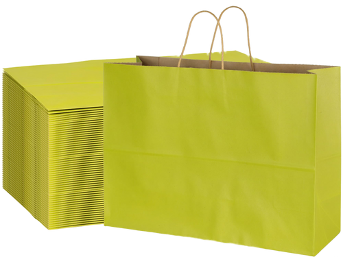 Avocado green large kraft paper shopping bags with twisted handles, 70 pack