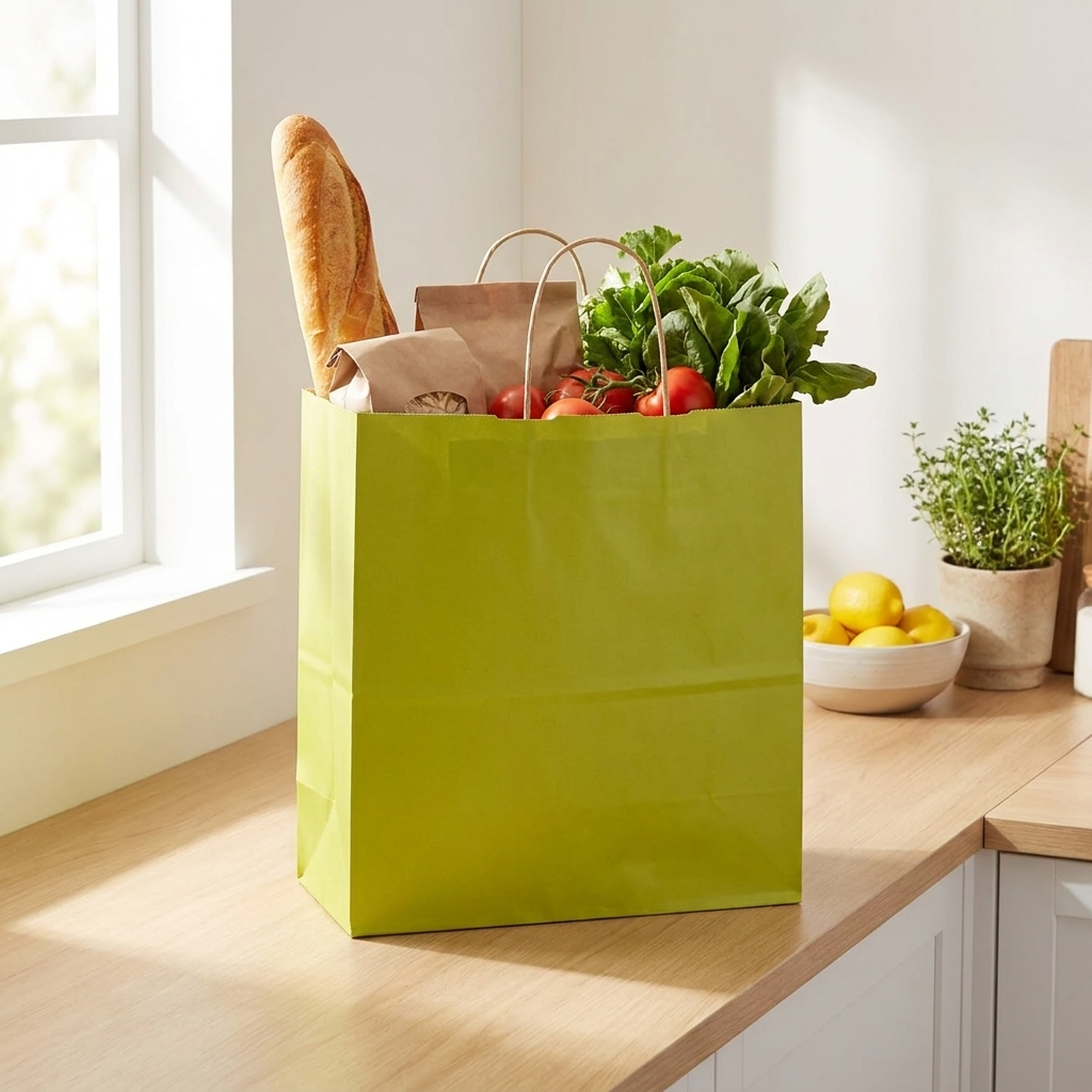 Avocado green grocery bag on a kitchen counter with groceries