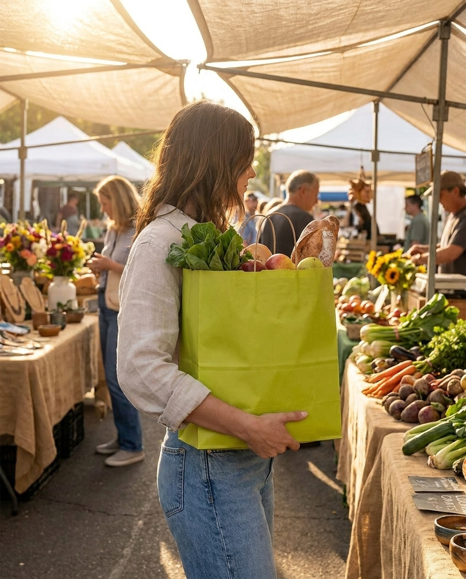 Person holding an avocado green kraft paper bag at a farmers market