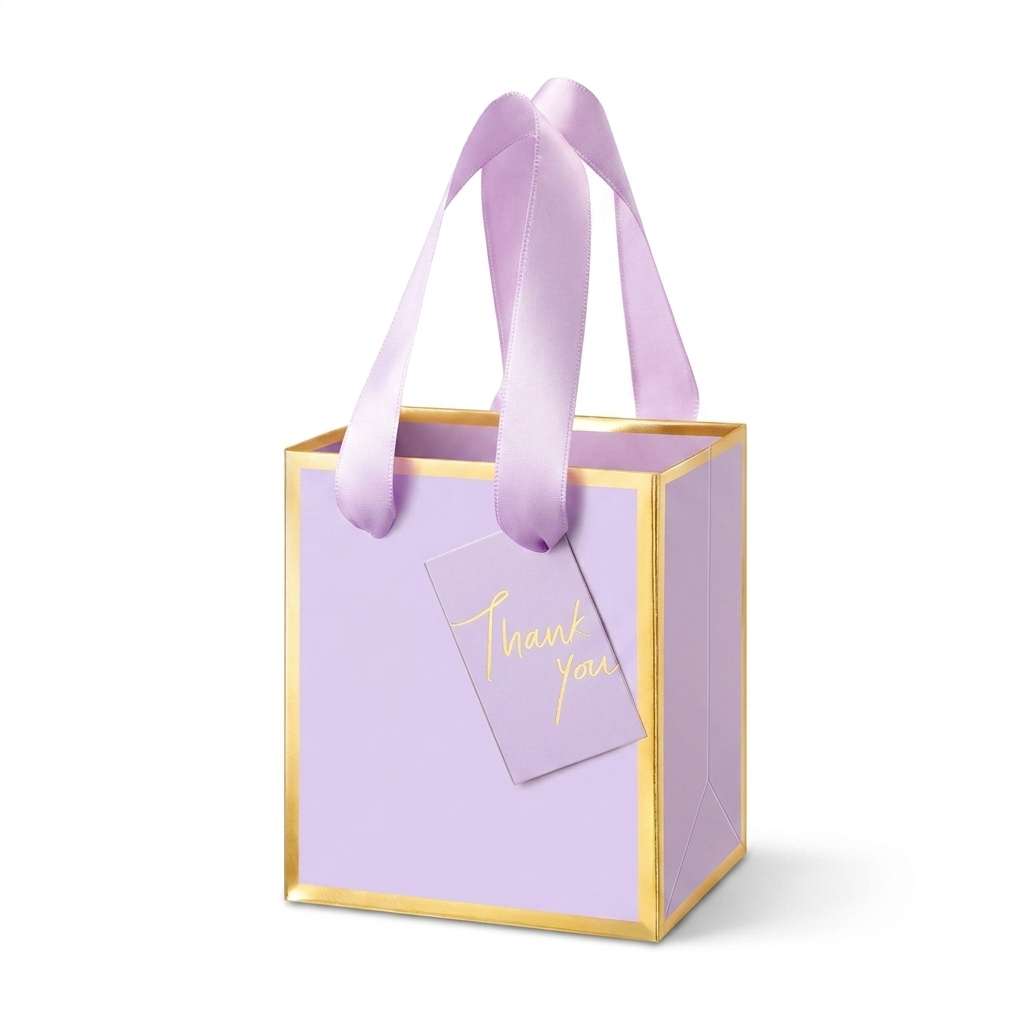 Mini lavender gift bag with gold foil edges and thank you tag