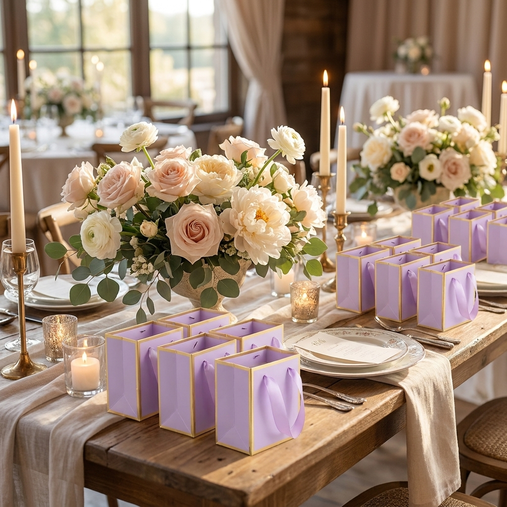 Lavender gold gift bags as wedding favors on a reception table