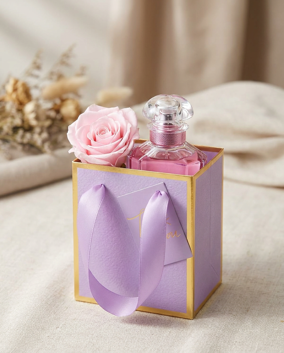 Mini lavender gift bag holding a perfume bottle and rose