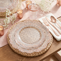 Clear rose gold place setting with rose gold cutlery, tumbler and baby's breath