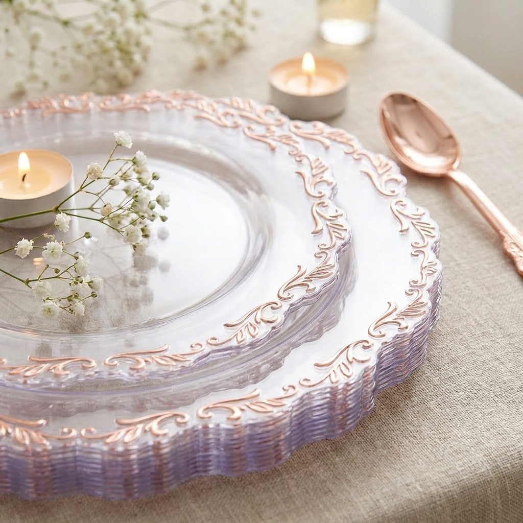 Close-up of clear plate with ornate rose gold scrollwork rim