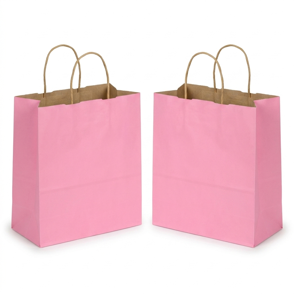 Pink large kraft paper shopping bags with twisted handles, 50 pack