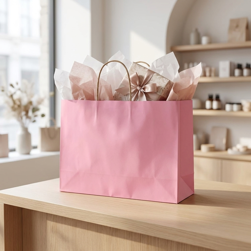 Pink shopping bag on a boutique counter with a wrapped gift
